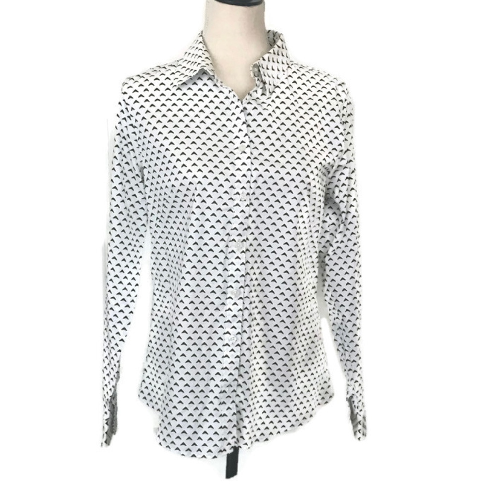 White Navy Button Down No Iron Fitted Work Blouse